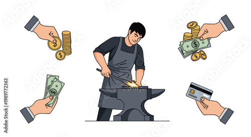 Traditional blacksmith working at an anvil with four hands offering different payment methods like coins and cash.