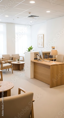 Bright reception area features modern wooden desk and comfortable seating arrangement