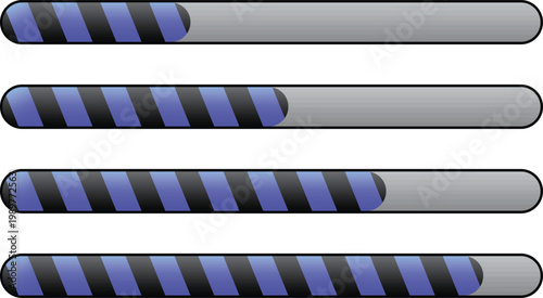 Striped progress bar set with loading states and rounded design. Modern UI elements for buffering, download, or system status display. Clean interface components with diagonal fill and metallic style.