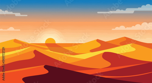 Desert Sunset Landscape: Rippling Sand Dunes Under a Warm Orange Sky