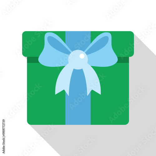 Green gift box featuring a light blue ribbon and bow, casting a long shadow