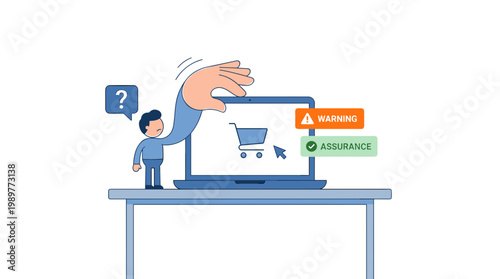 Customer service representative handling online shopping concerns with assurance and support icons