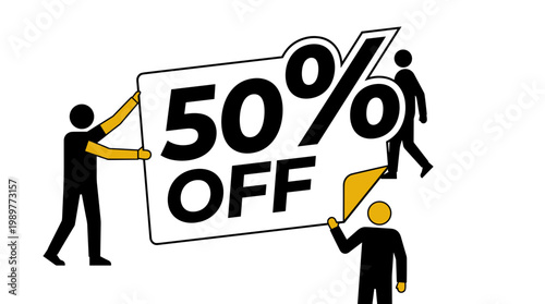 Exciting sale promotion featuring fifty percent off discount with cheerful people and bold signage