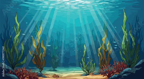 Underwater Scene with Sunbeams, Kelp Forest, Coral Reef, and Small Fish