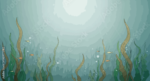 Underwater scene with kelp forest, small fish, and sunbeams filtering through water