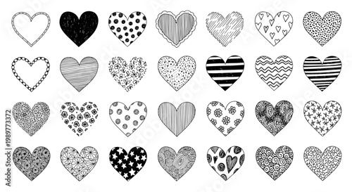 A large collection of various decorative heart shapes in different patterns and designs for Valentine's Day or love-themed graphic projects and creative artistic expressions.