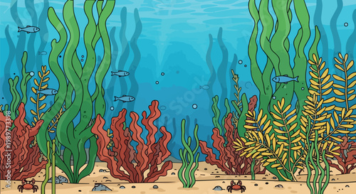 Underwater scene with colorful coral reef, seaweed, fish, and crabs