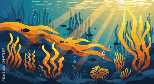 Underwater scene with kelp forest, fish, and sunbeams