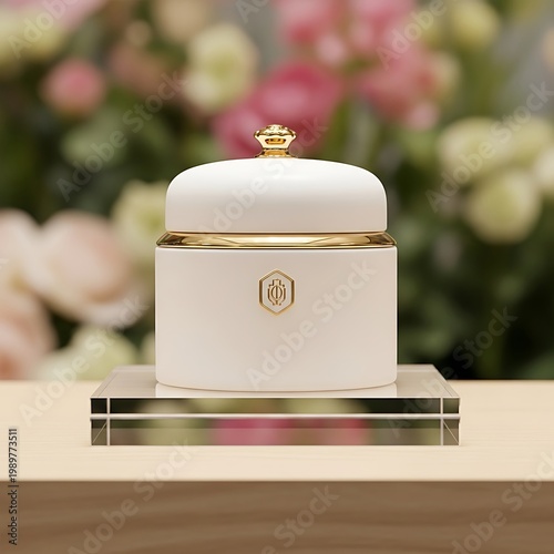 Luxurious white cosmetic jar with gold accents rests upon a clear pedestal surrounded by soft floral background