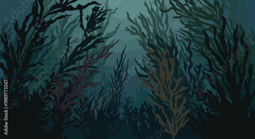 Underwater kelp forest with dark blue and green tones, deep ocean scene
