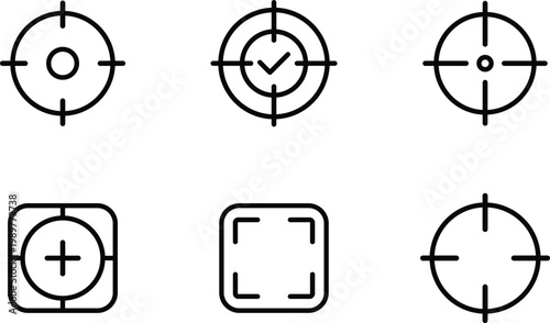 Collection of six different crosshair and target icons for aiming precision and focus isolated on transparent background