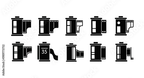 Collection of Vintage Film Canister Icons, Retro Photography Equipment Set