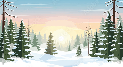 Pixel Art Winter Forest Landscape at Sunrise with Snow-Covered Pine Trees