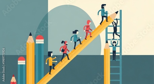 People Climbing Giant Pencil with Colorful Pencils in Background