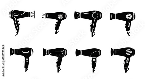 Set of Black Hair Dryers Icons, Various Styles, Isolated on White Background