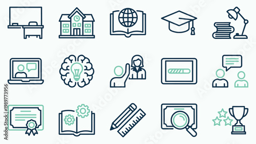 Modern Education and Learning Icons Set - Online School, University, and Knowledge Concepts