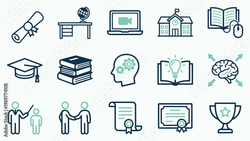 Graphic set of education and achievement icons including graduation symbols and knowledge concepts