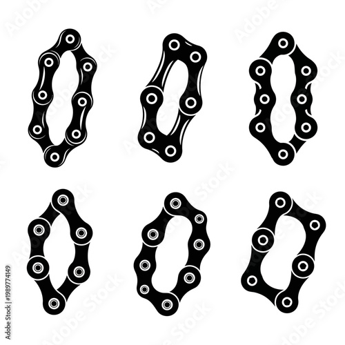 Bicycle Chain Links Set, Black and White Graphic Elements, Isolated on White