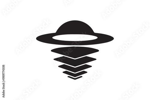 Abstract unidentified flying object ufo silhouette icon with light beam layers representing alien spacecraft and extraterrestrial technology.