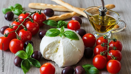 A delicious arrangement of mozzarella cheese with fresh tomatoes and basil