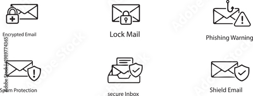 Email security icons a collection of line art depicting protected and unprotected messages