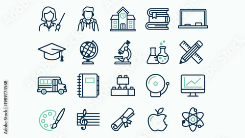 Back to School Icon Set with Educational Tools and Science Symbols in Line Art
