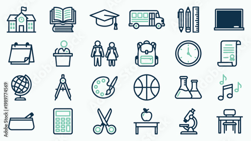 School and Education Line Icon Set with School Building Books and Stationery