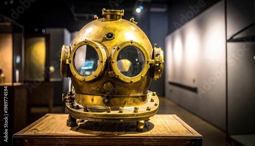 Vintage Brass Diving Helmet Displayed in Museum Exhibit