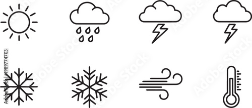 Weather icons set displays various atmospheric conditions including sun, rain, storm, and temperature.