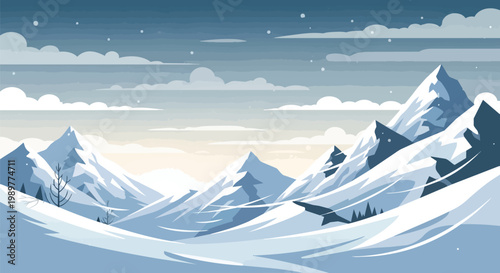 Serene Snowy Mountain Landscape with Winter Sky and Clouds