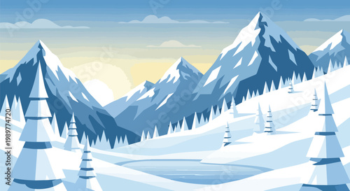 Flat Design Winter Mountains Landscape with Snowy Trees and Frozen Lake