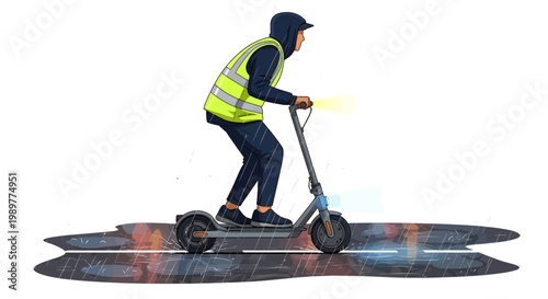 Man riding electric scooter with glowing wheel on futuristic road