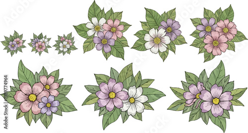 Vintage floral bouquet set with 9 vector illustrations, hand drawn botanical flower arrangements, pastel pink and purple blossoms with green leaves