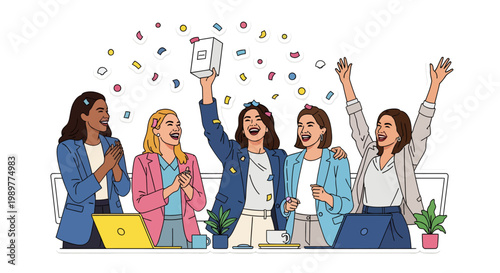 Diverse group of women celebrating with confetti and laptop