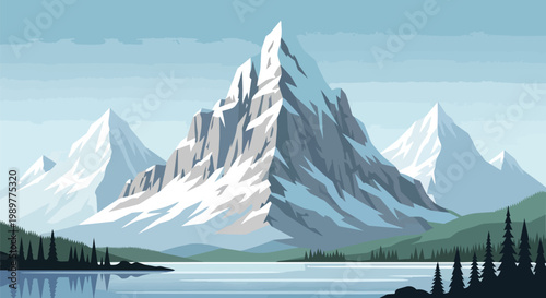 Majestic Snow-Capped Mountain Peaks over a Serene Lake and Forest Landscape
