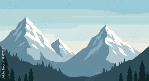 Serene Snowy Mountain Peaks Landscape with Pine Forest and Clear Sky