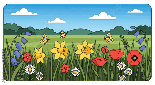 Vibrant Spring Meadow with Daffodils, Poppies, Bluebells, Butterflies and Green Hills