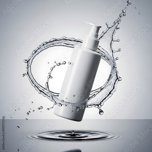 White dispensing container suspended midair surrounded by a dynamic water splash effect