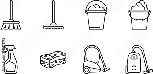 Cleaning supplies including brooms, buckets, and vacuums are displayed as a set of linear icons for home maintenance services.