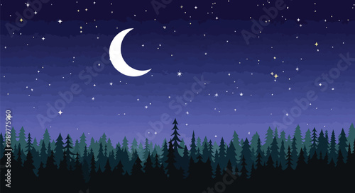 Pixel Art Night Sky with Crescent Moon, Stars and Pine Forest Landscape