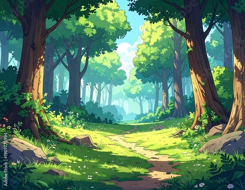 Verdant forest path with dappled sunlight filtering through green leaves