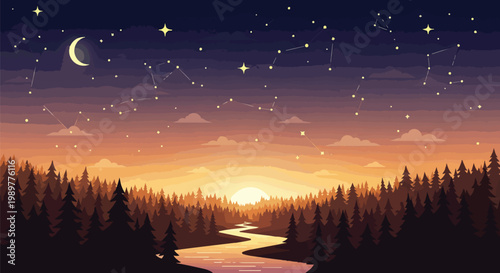 Pixel Art Sunset Landscape with River, Constellations, and Crescent Moon