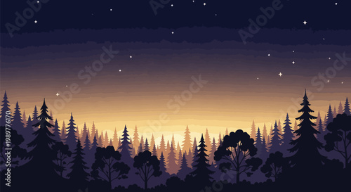 Twilight Forest Silhouette with Stars and Sunset Glow