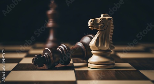 Wooden chess pieces on a chessboard with a white knight standing and a dark brown king fallen