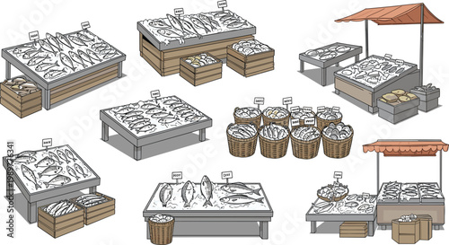 Romantic CoupleFish Market Stall and Seafood Display Icon Set with Wooden Crates, Barrels, and Vendor Stands for Food, Retail, and Business DesignsFish Market Stall and Seafood Display Icon Set 