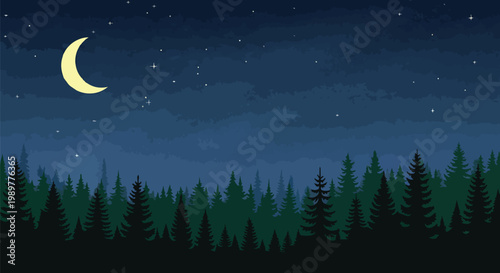Night Sky Over Pine Forest with Crescent Moon and Stars
