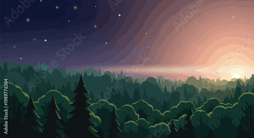 Mysterious twilight forest landscape with stars and glowing horizon
