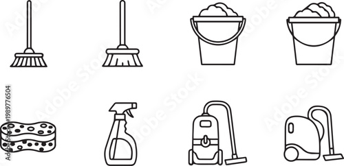 Cleaning supplies including a broom, bucket, sponge, spray bottle, and vacuum cleaner are displayed as simple black line icons for household chores.