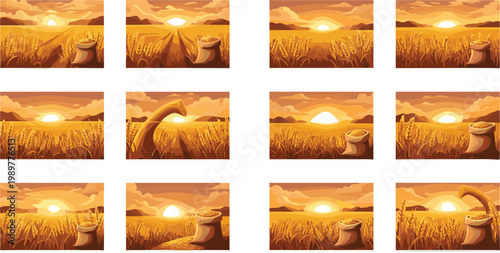 Golden Wheat Field Harvest Sunset Scene Icon Set with Sacks, Crops, and Farm Landscape for Agriculture and Rural Nature DesignsGolden Wheat Field Harvest 