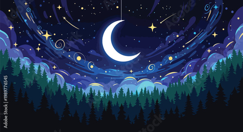 Magical Crescent Moon and Starry Night Sky Over Pine Forest